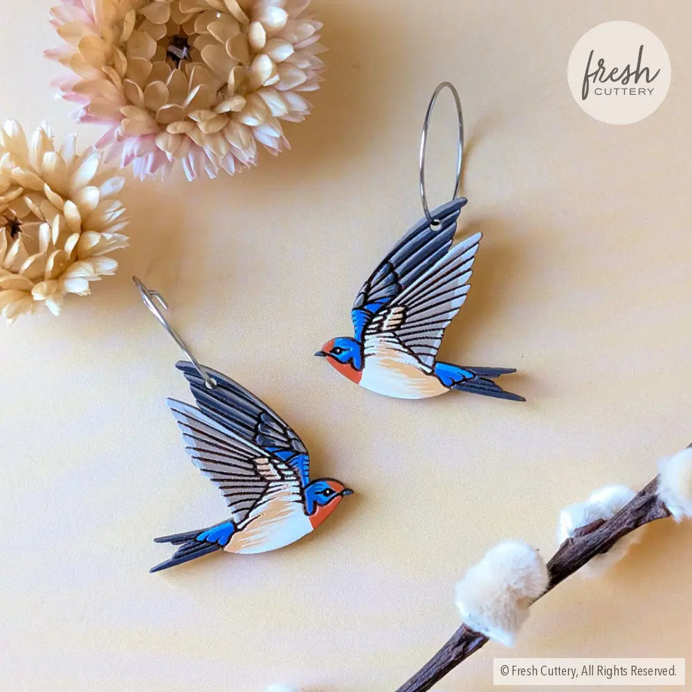 Barn Swallow Earrings Silver Hoops Dangle and Drop Earrings
