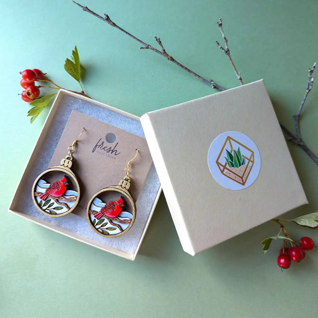 Cardinal Bird Christmas Ornament Earrings Dangle And Drop