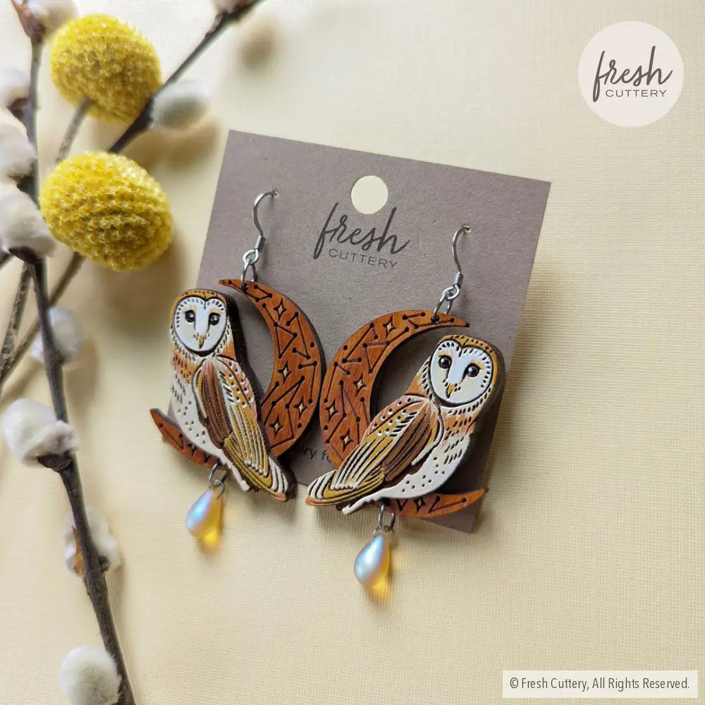 Celestial Owl Statement Earrings Silver Stainless Steel Ear Wires Dangle and Drop Earrings