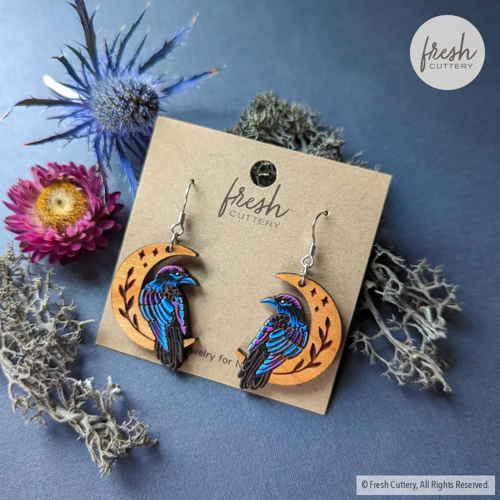 Celestial Raven Mini Hoops Silver Stainless Ear Wires Dangle And Drop Earrings