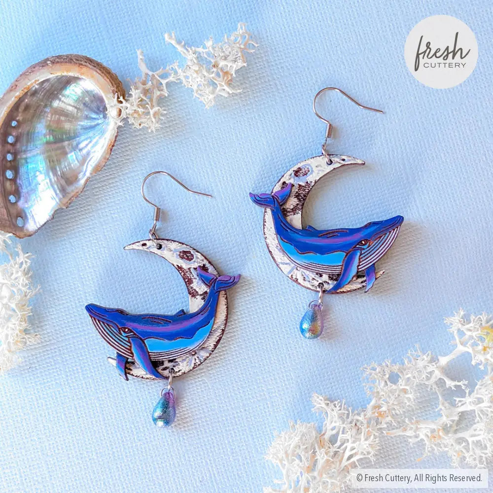 Celestial Whale Statement Earrings Stainless Steel Ear Wires Dangle and Drop Earrings