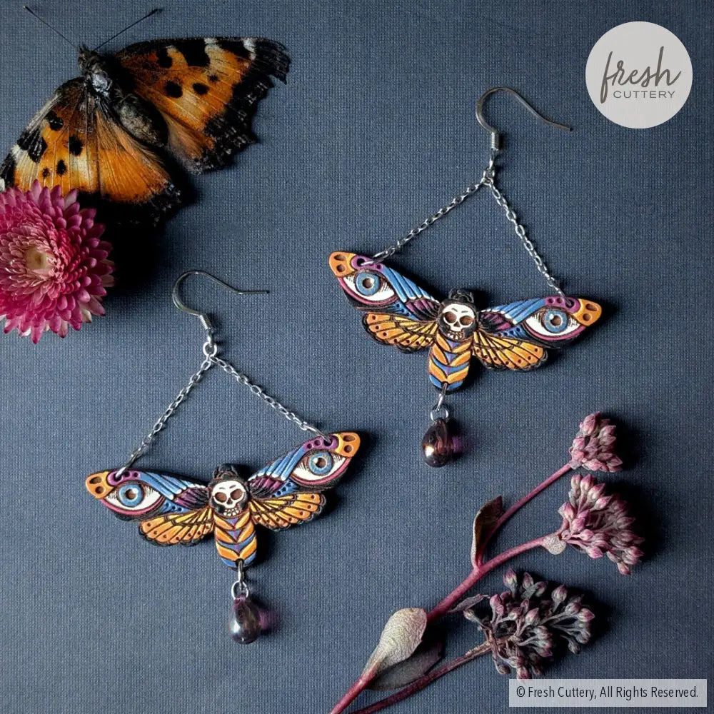 Death’s Head Hawkmoth Earrings Silver Dangle and Drop Earrings