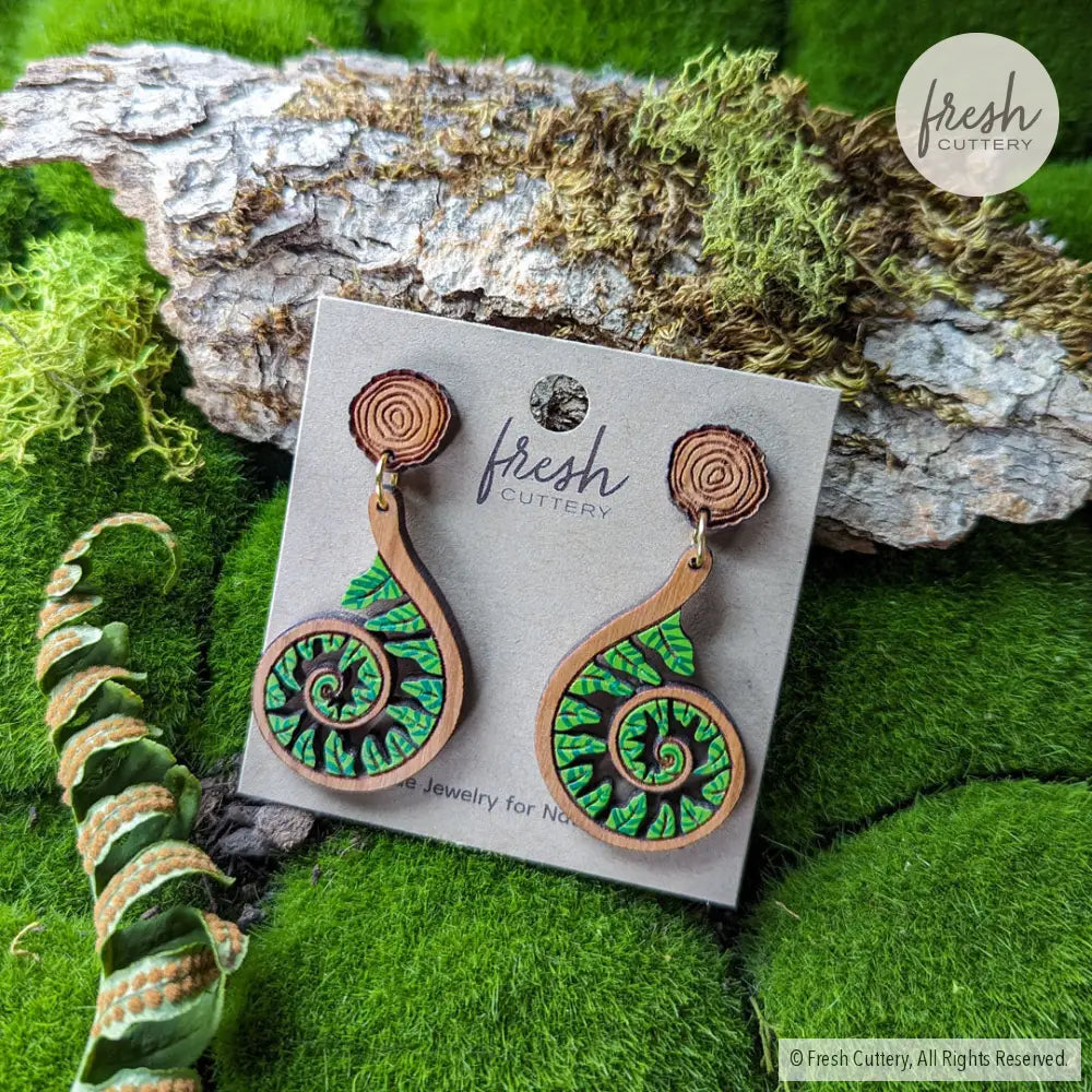 Fiddlehead Fern Spiral Earrings Wood Round Studs Dangle And Drop