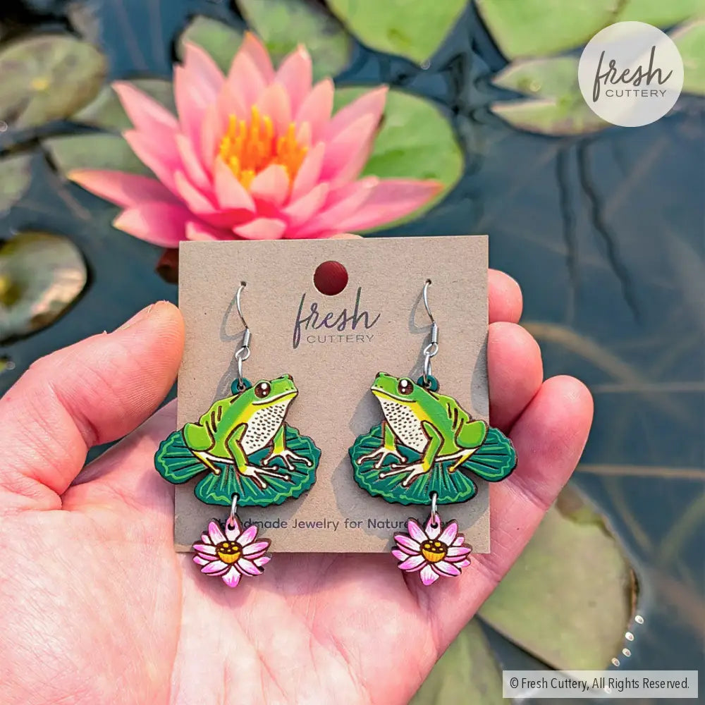 Frog and Lily Pad Earrings Dangle and Drop Earrings