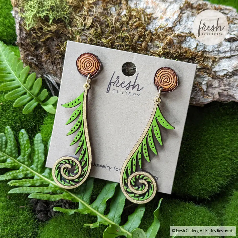 Golden Fiddlehead Fern Earrings Dangle And Drop