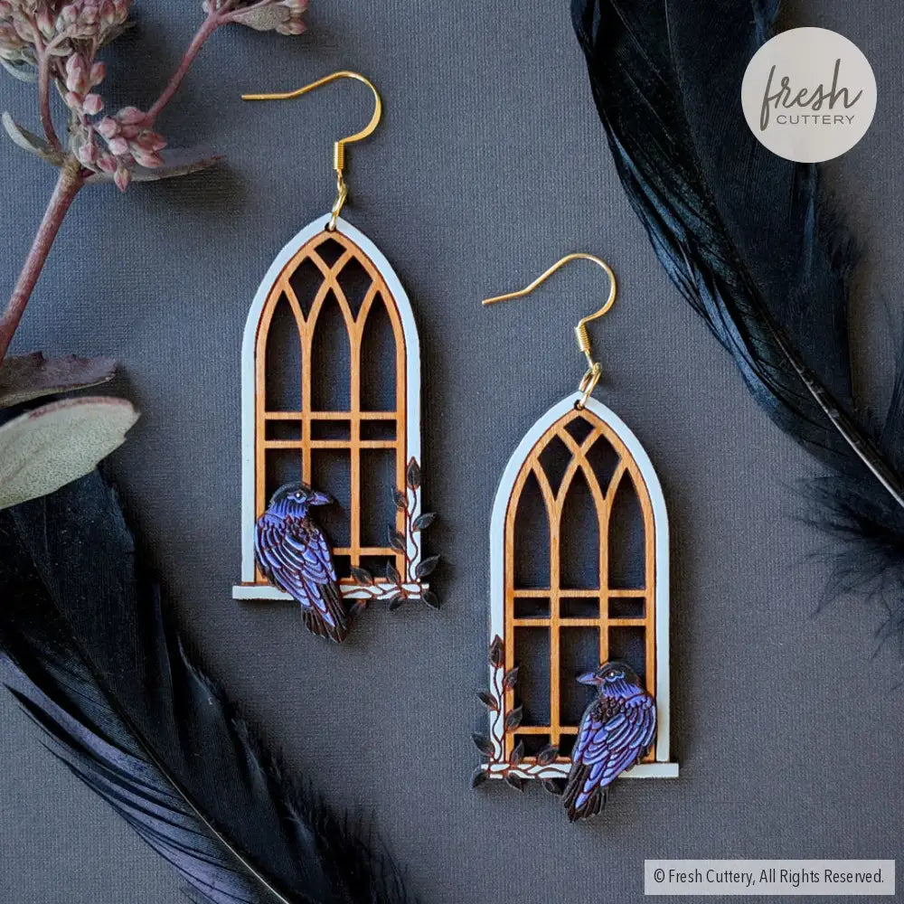 Gothic Cathedral Raven Earrings Gold Ear Wires Dangle and Drop Earrings