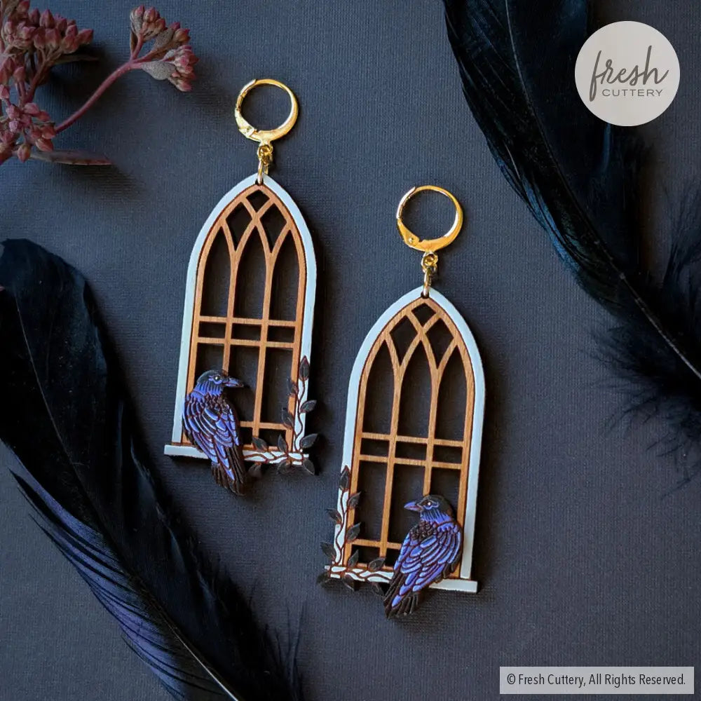 Gothic Cathedral Raven Earrings Gold Leverbacks Dangle and Drop Earrings