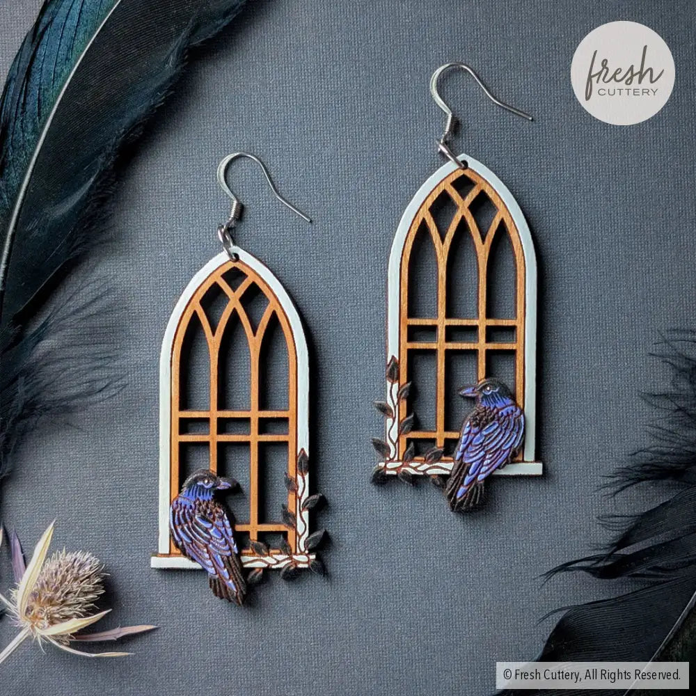 Gothic Cathedral Raven Earrings Silver Ear Wires Dangle and Drop Earrings