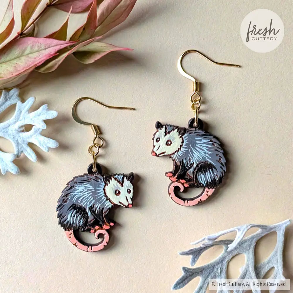 Mini Opossum Earrings Gold Ear Wires Dangle and Drop Earrings