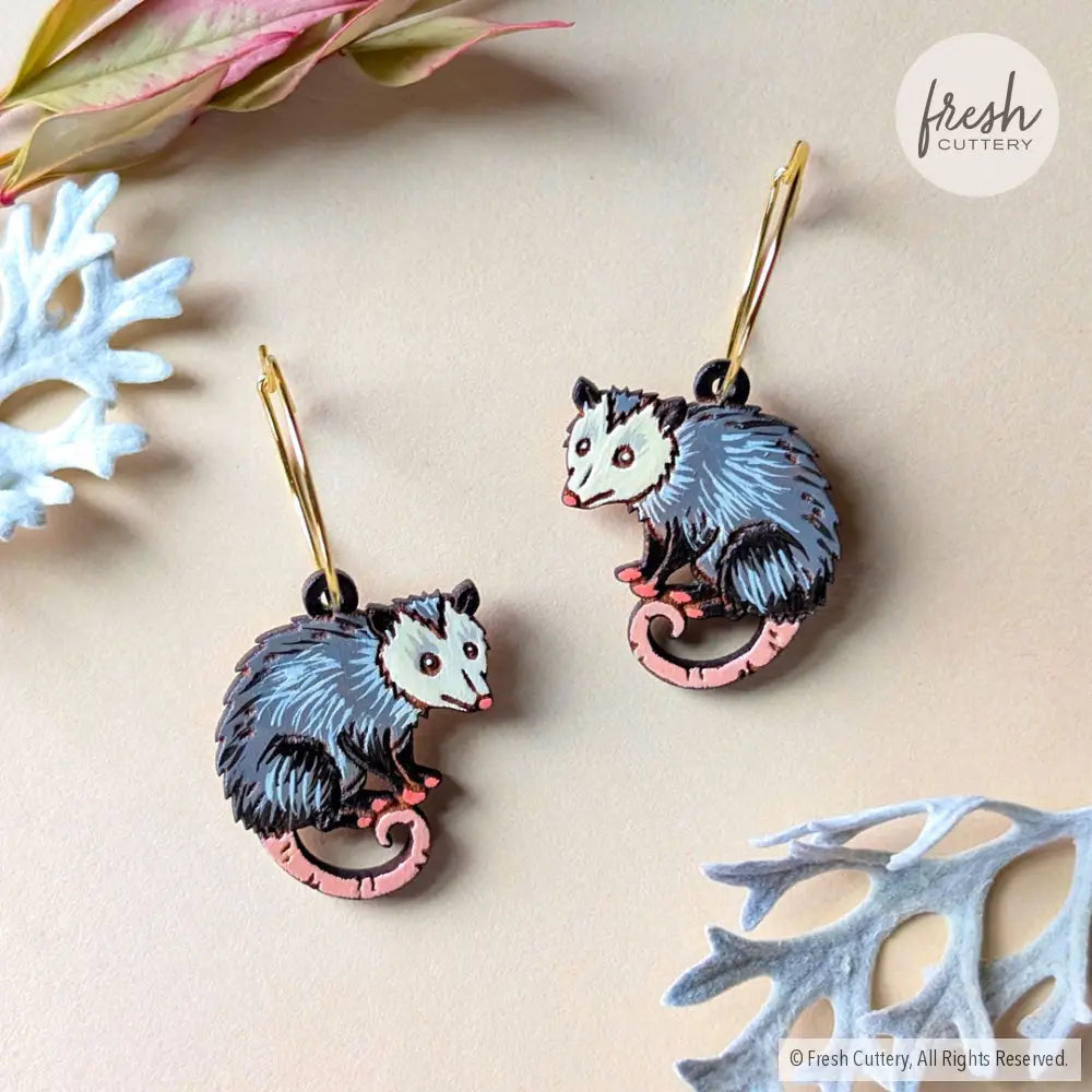 Mini Opossum Earrings Gold Hoops Dangle and Drop Earrings