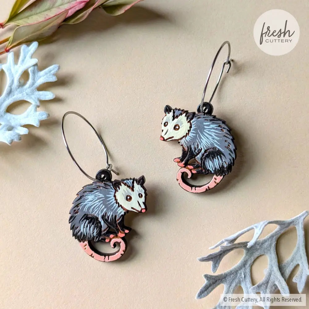 Mini Opossum Earrings Silver Hoops Dangle and Drop Earrings