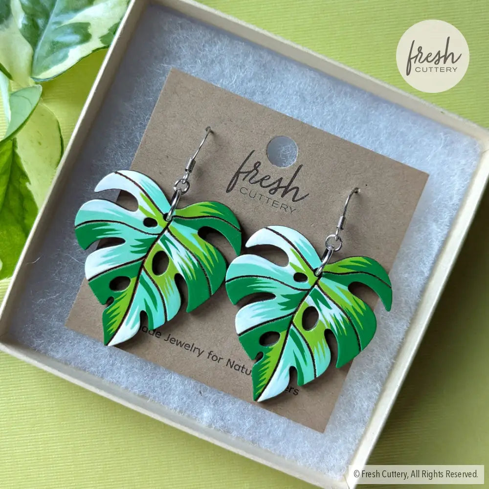 Monstera Albo Leaf Earrings Dangle And Drop