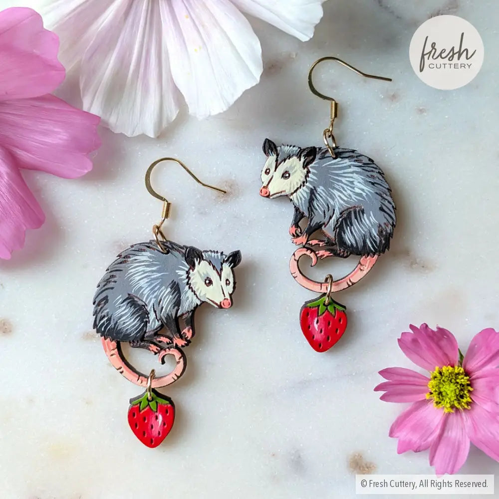 Opossum Statement Earrings Gold Ear Wires Dangle and Drop Earrings