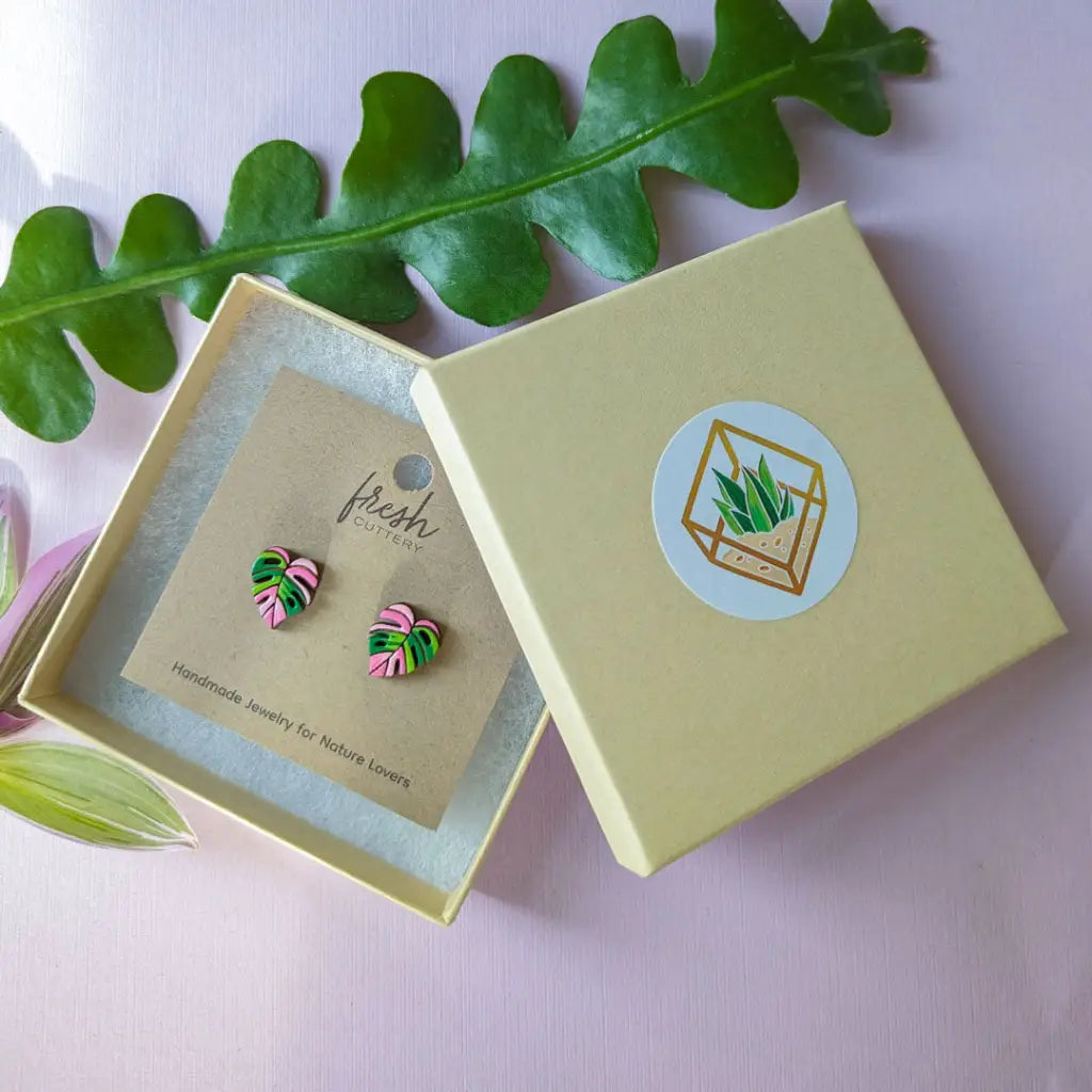 Pink Monstera Albo Studs