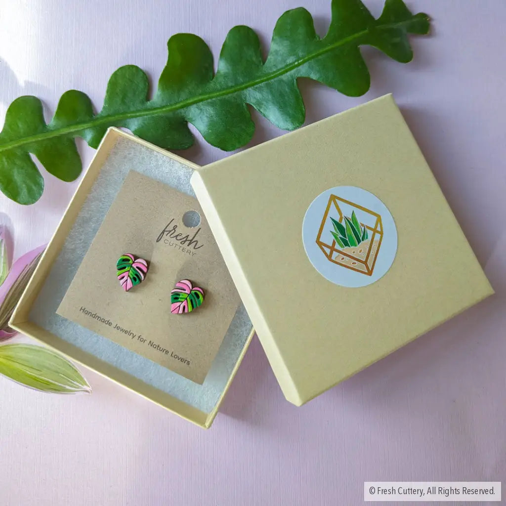 Pink Monstera Albo Studs