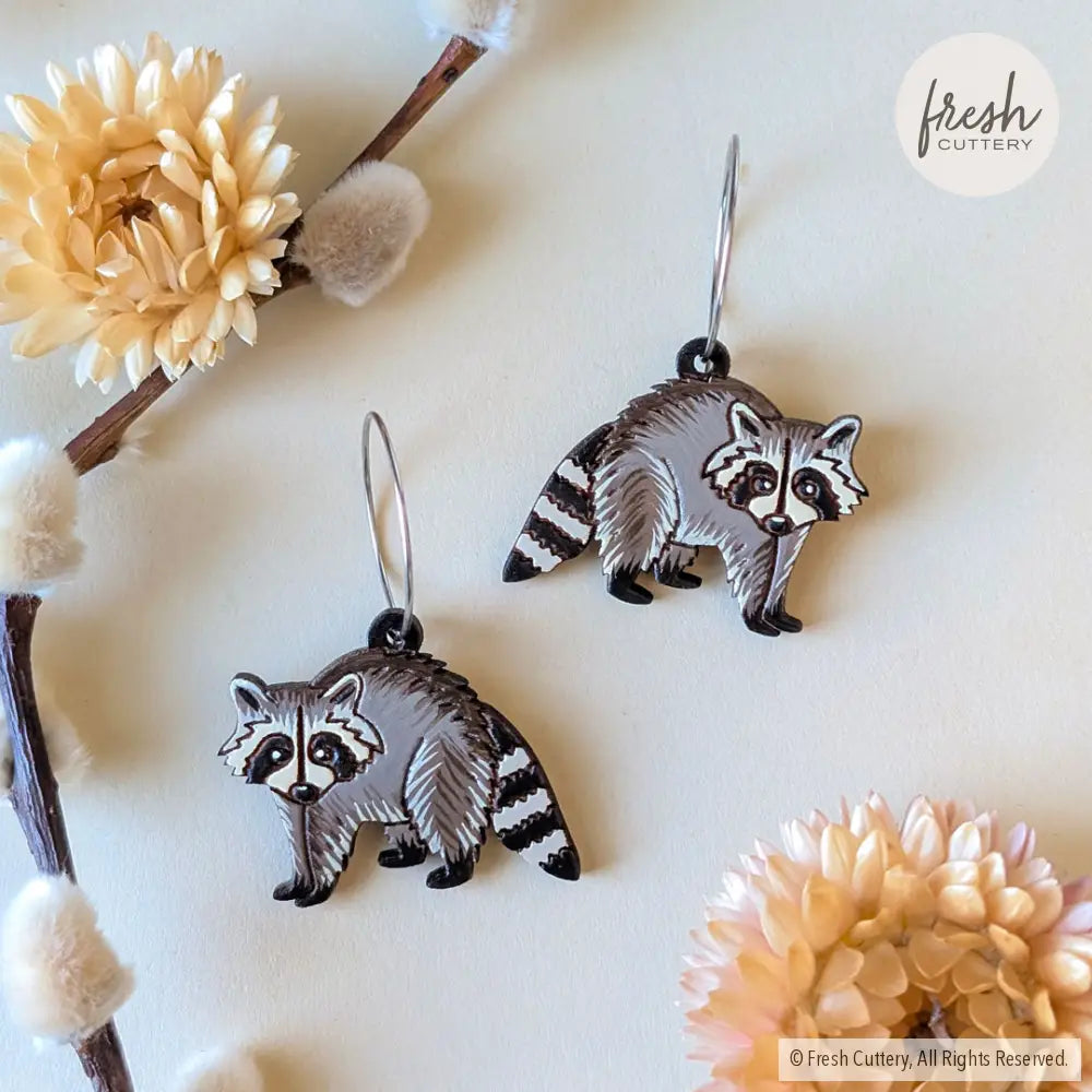Raccoon Earrings Silver Hoops Dangle and Drop Earrings