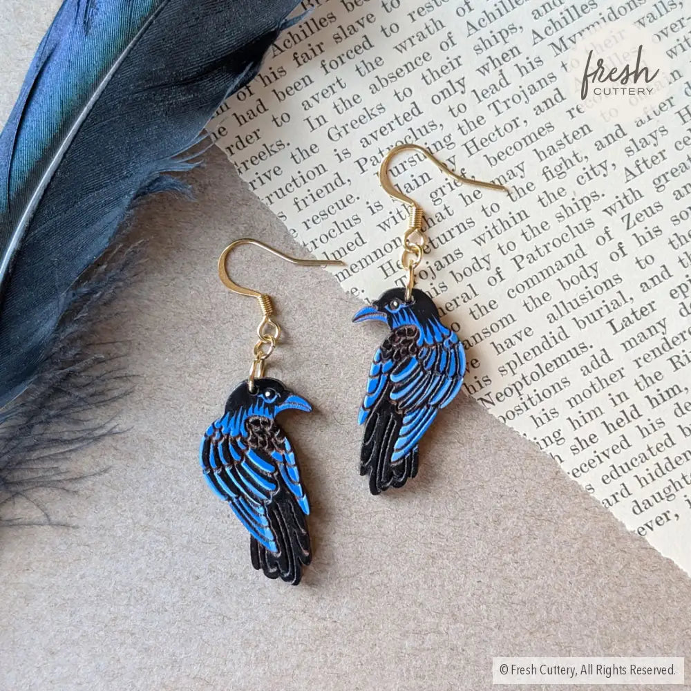 Raven Earrings Gold Ear Wires Dangle and Drop Earrings