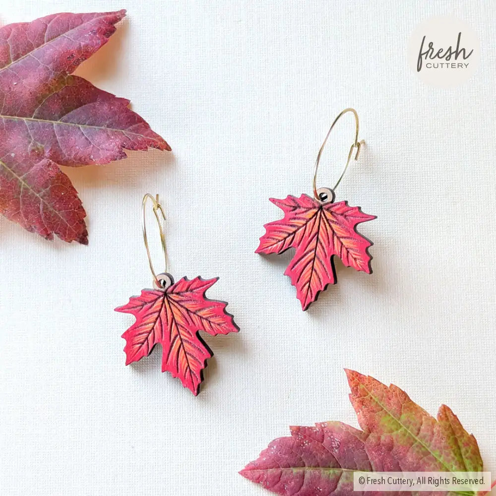 Red Maple Leaf Earrings Gold Hoops Dangle and Drop Earrings