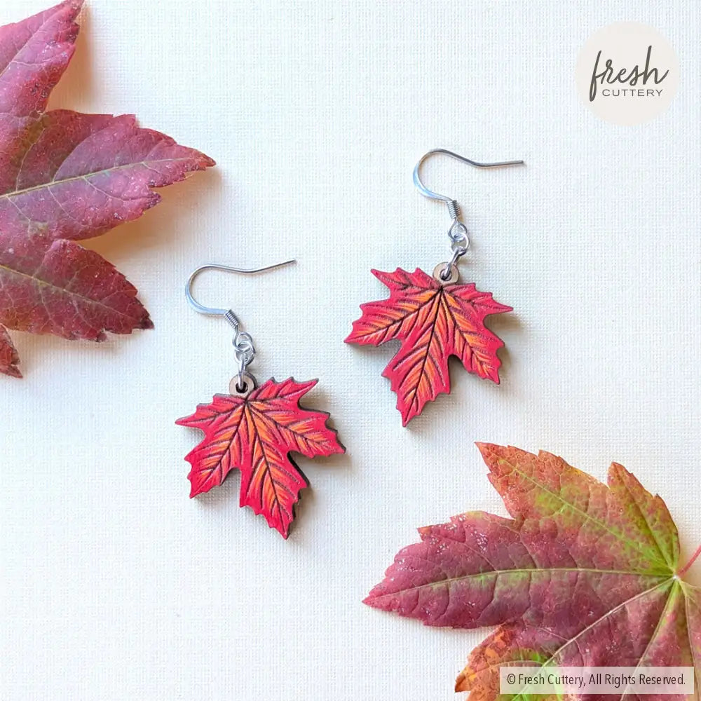 Red Maple Leaf Earrings Silver Ear Wires Dangle and Drop Earrings
