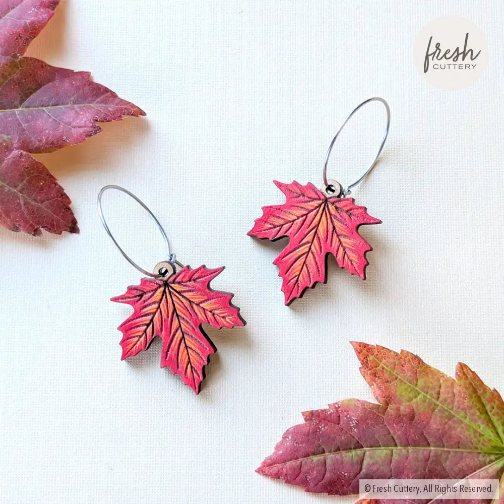Red Maple Leaf Earrings Silver Hoops Dangle and Drop Earrings