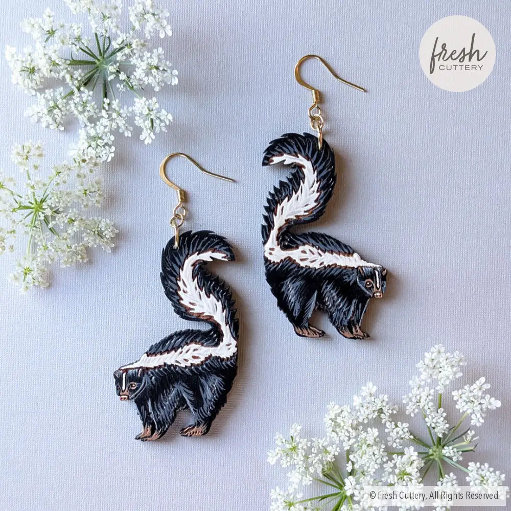 Skunk Earrings Gold Ear Wires Dangle and Drop Earrings