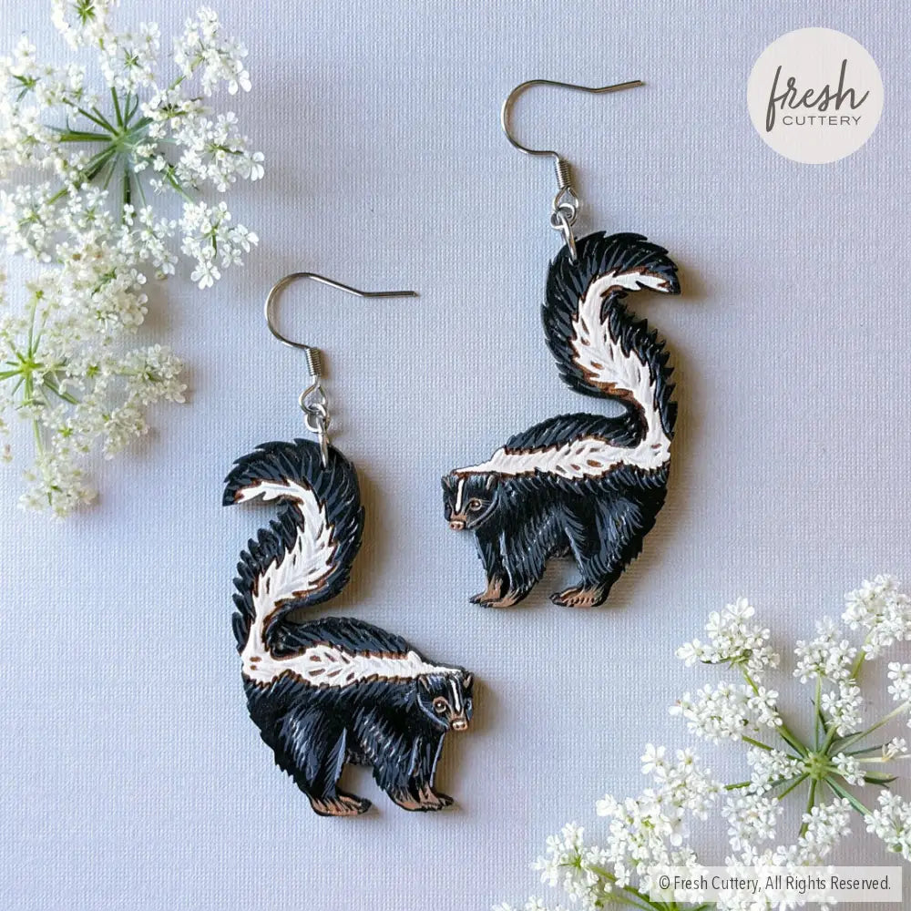 Skunk Earrings Silver Ear Wires Dangle and Drop Earrings