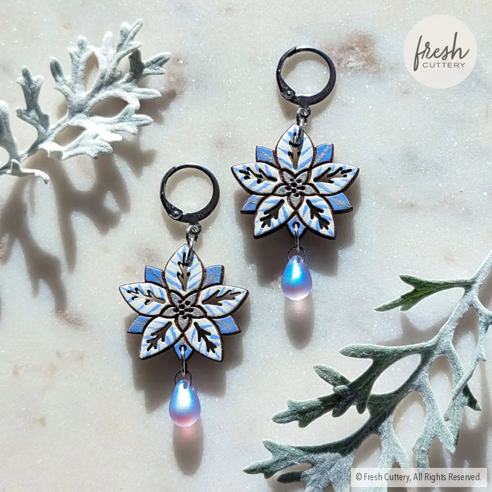 White Poinsettia Earrings Silver Leverbacks Dangle and Drop Earrings