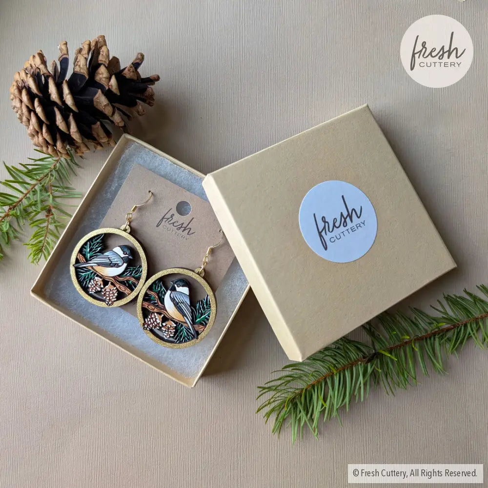 Winter Chickadee Pine Earrings Dangle and Drop Earrings