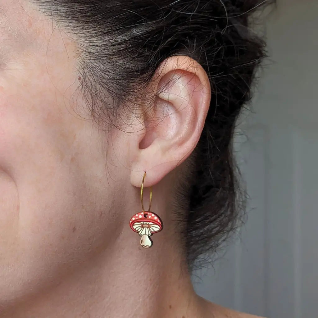 Amanita Mushroom Mini Hoops Dangle And Drop Earrings
