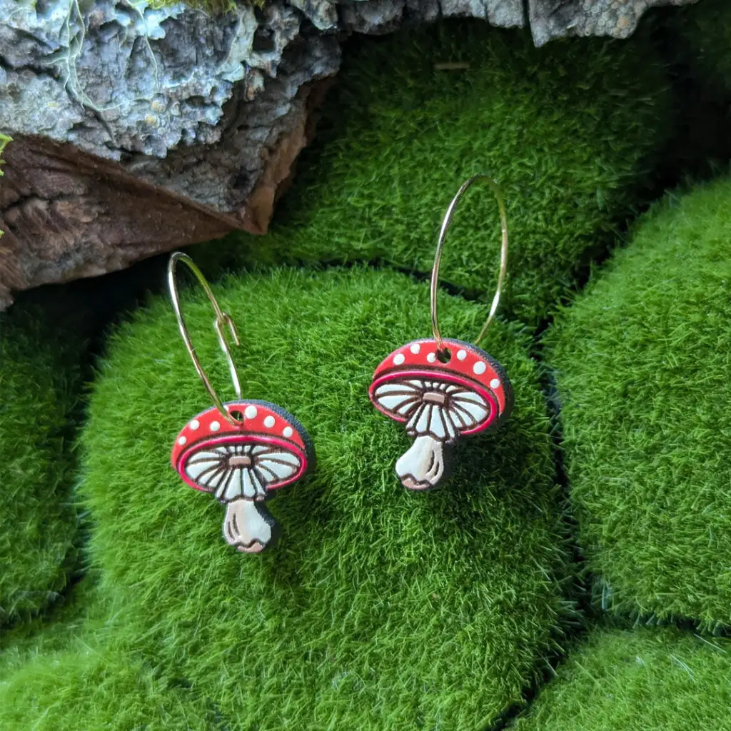 Amanita Mushroom Mini Hoops Dangle And Drop Earrings