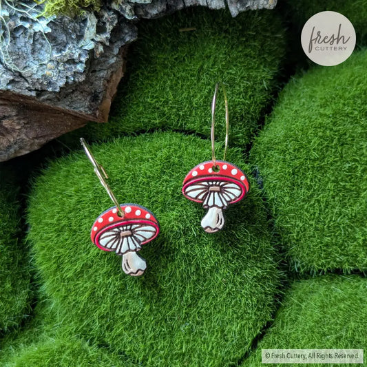 Amanita Mushroom Mini Hoops Gold Dangle And Drop Earrings