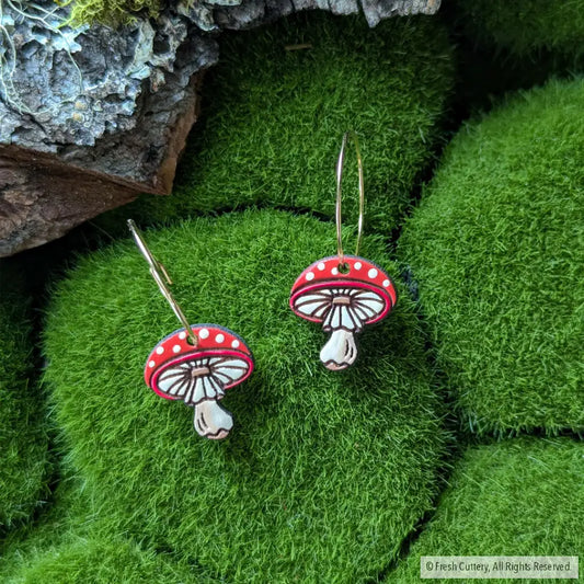 Amanita Mushroom Mini Hoops Gold Dangle And Drop Earrings
