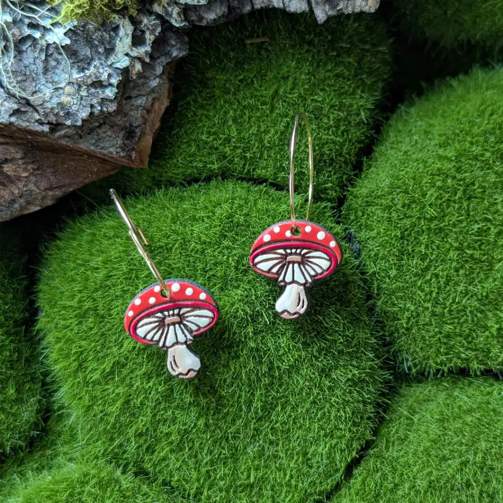 Amanita Mushroom Mini Hoops Gold Dangle And Drop Earrings