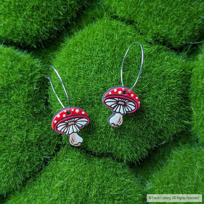 Amanita Mushroom Mini Hoops Silver Dangle And Drop Earrings