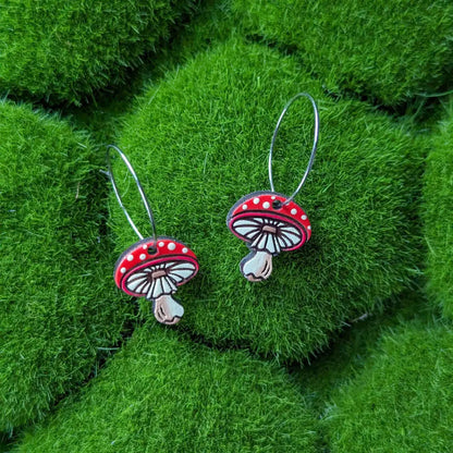 Amanita Mushroom Mini Hoops Silver Dangle And Drop Earrings