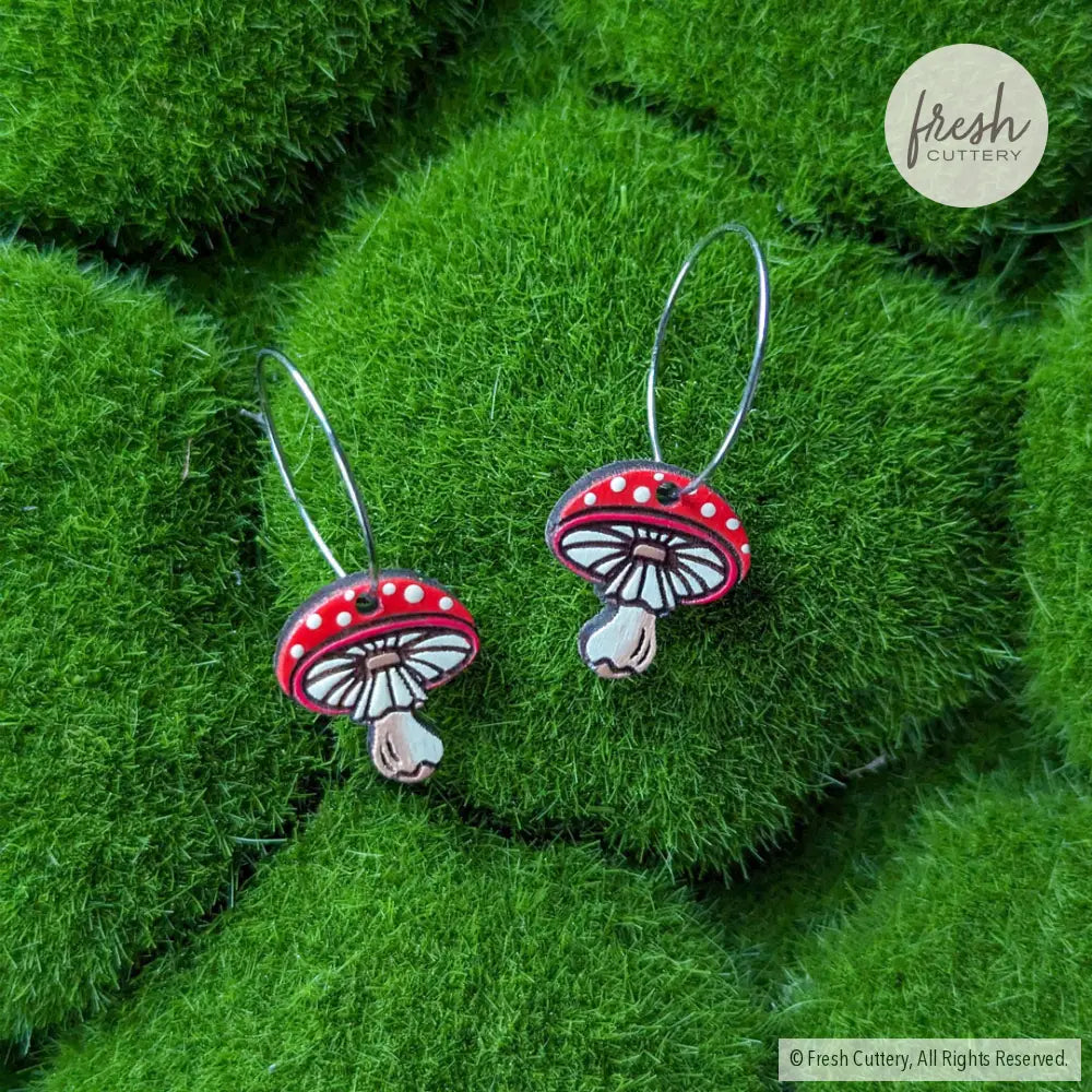 Amanita Mushroom Mini Hoops Silver Dangle And Drop Earrings