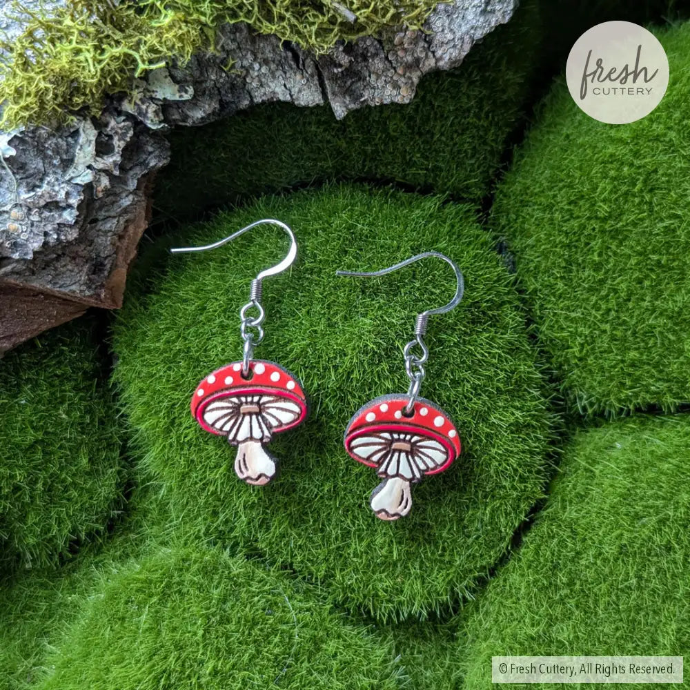 Amanita Mushroom Mini Hoops Silver Ear Wires Dangle And Drop Earrings