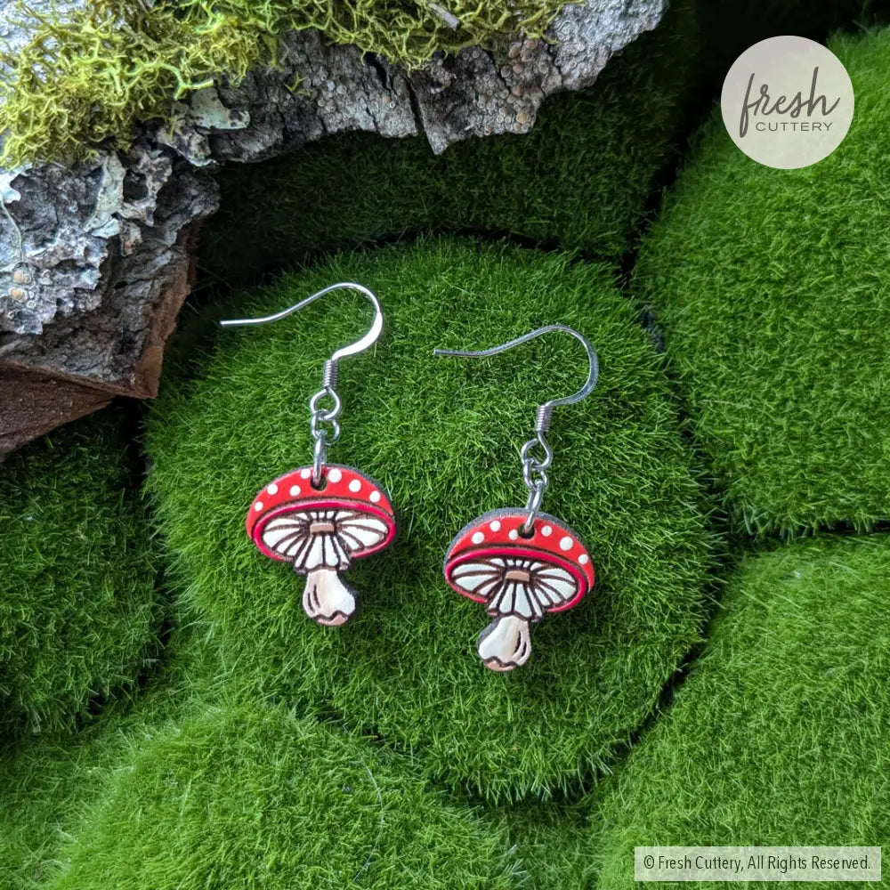 Amanita Mushroom Mini Hoops Silver Ear Wires Dangle And Drop Earrings