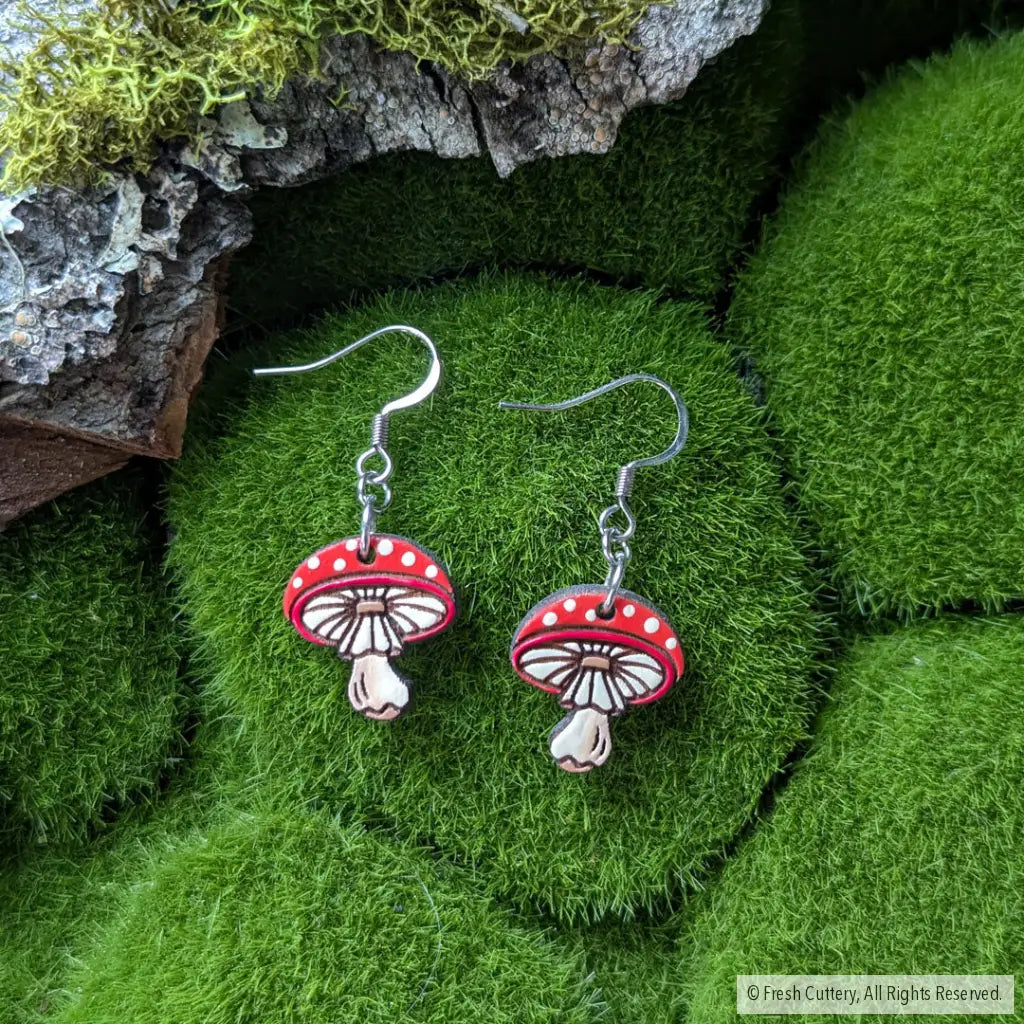 Amanita Mushroom Mini Hoops Silver Ear Wires Dangle And Drop Earrings