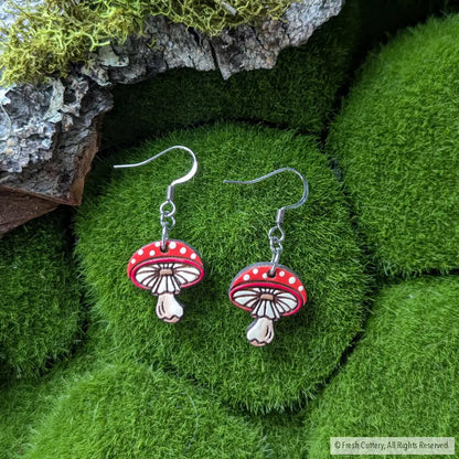 Amanita Mushroom Mini Hoops Silver Ear Wires Dangle And Drop Earrings