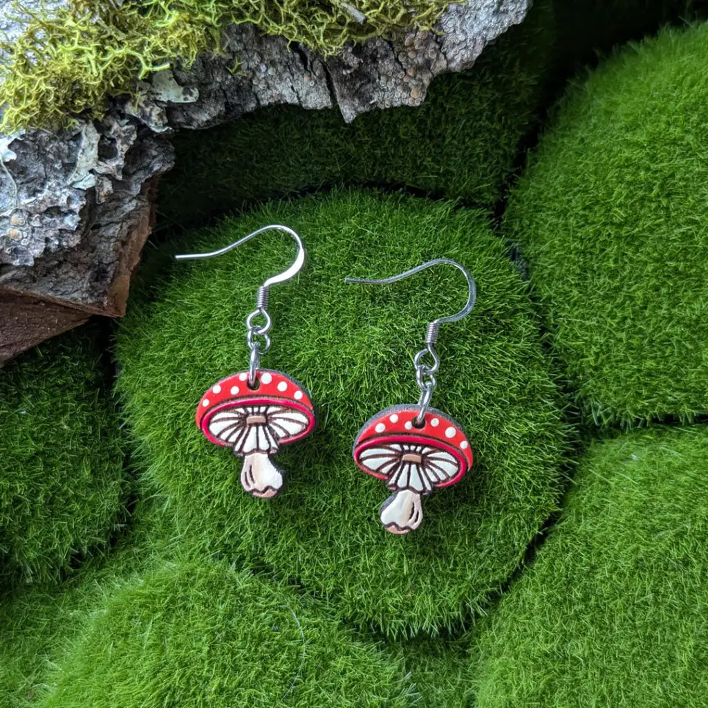 Amanita Mushroom Mini Hoops Silver Ear Wires Dangle And Drop Earrings
