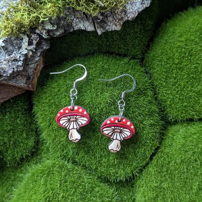 Amanita Mushroom Mini Hoops Silver Ear Wires Dangle And Drop Earrings