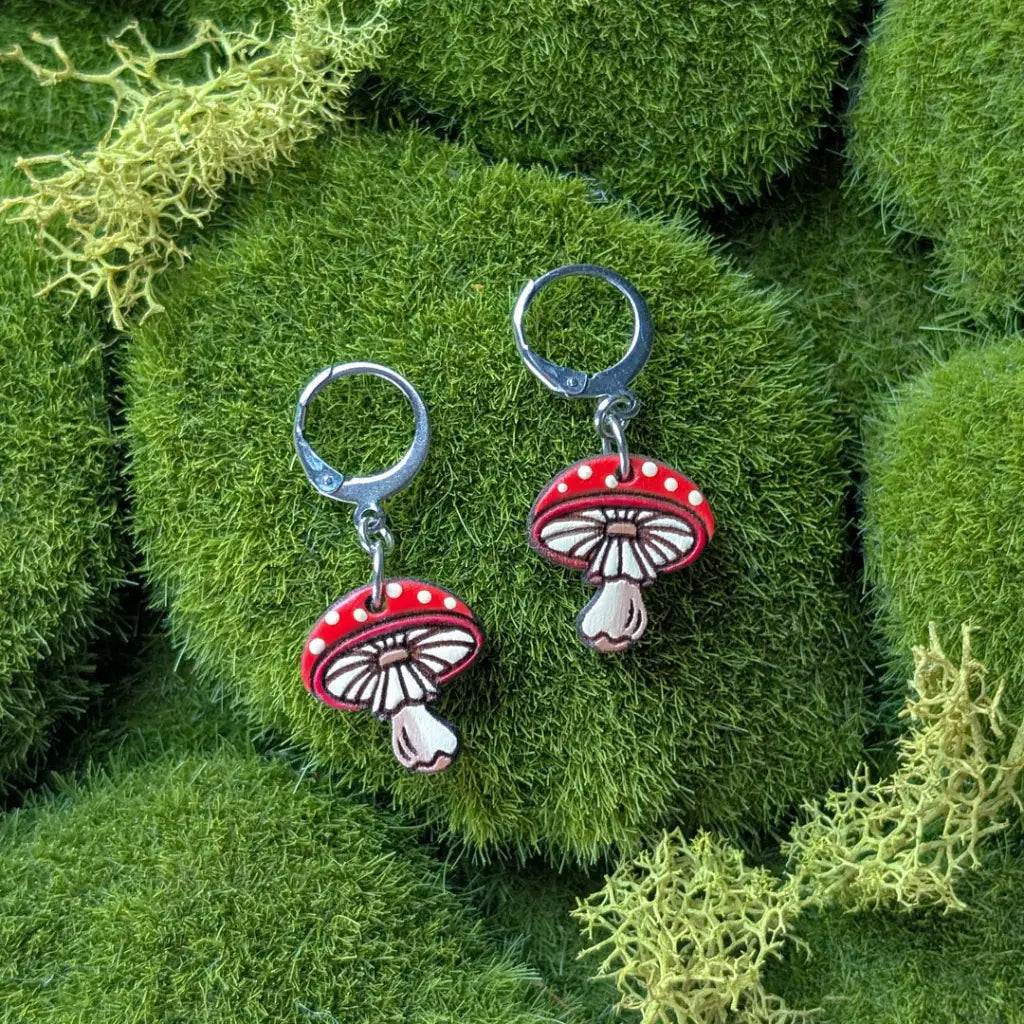 Amanita Mushroom Mini Hoops Silver Leverbacks Dangle and Drop Earrings