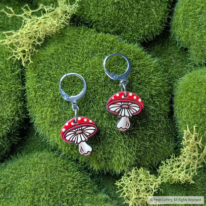 Amanita Mushroom Mini Hoops Silver Leverbacks Dangle and Drop Earrings