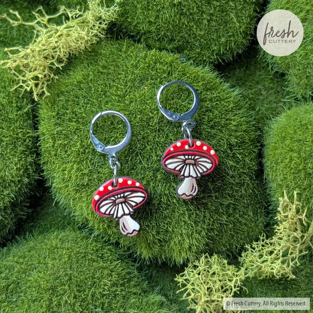 Amanita Mushroom Mini Hoops Silver Leverbacks Dangle and Drop Earrings