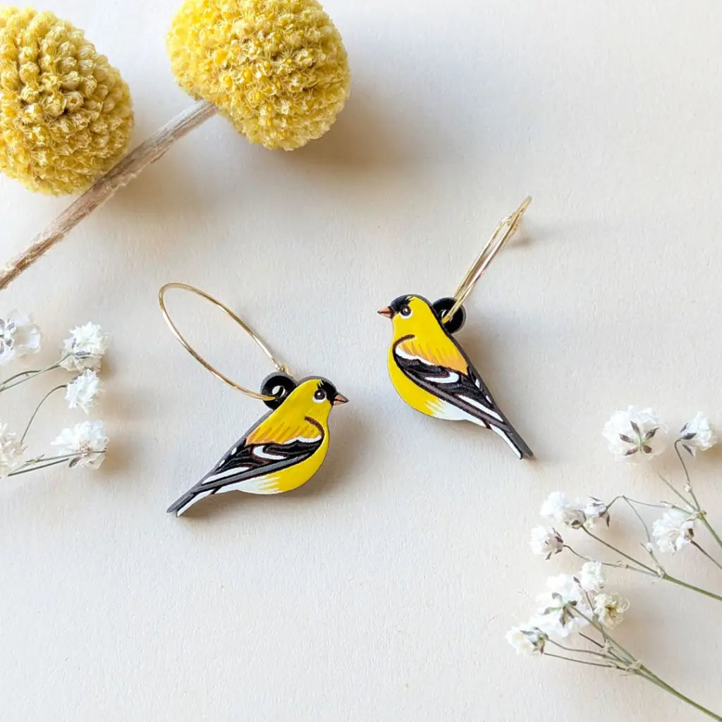 American Goldfinch Earrings Gold Hoops Dangle and Drop Earrings