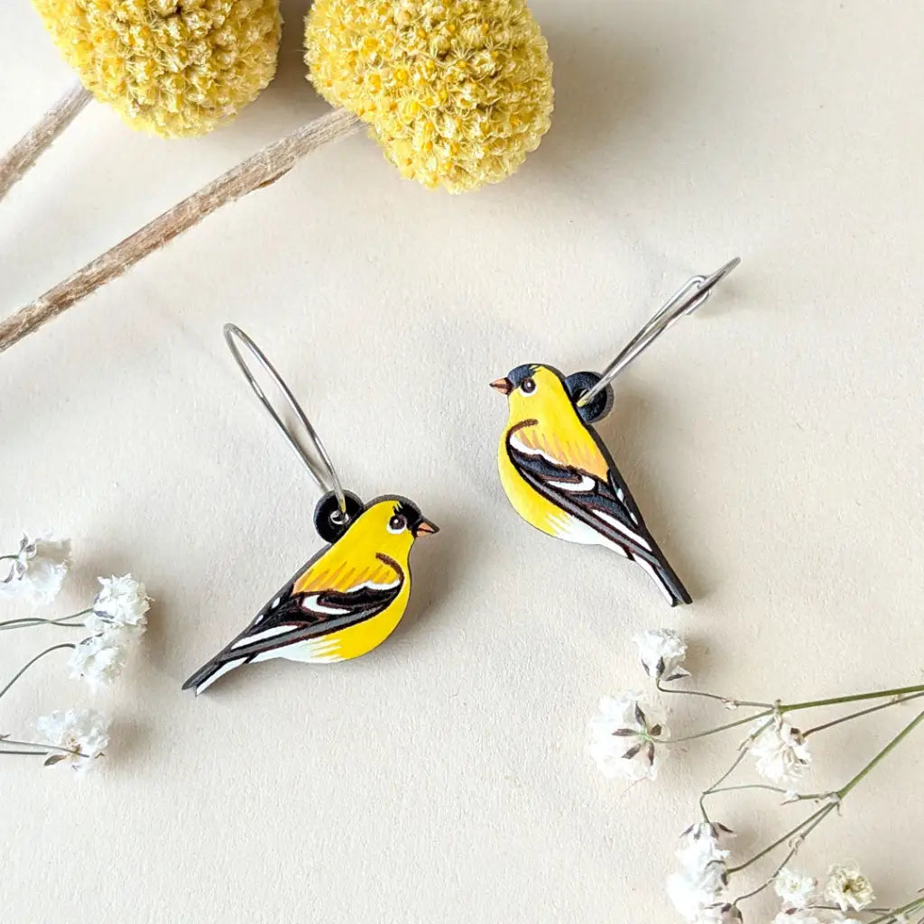 American Goldfinch Earrings Silver Hoops Dangle and Drop Earrings