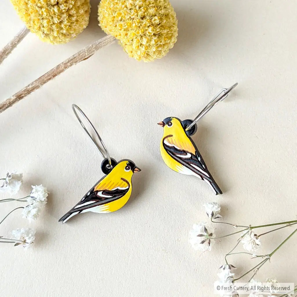 American Goldfinch Earrings Silver Hoops Dangle and Drop Earrings