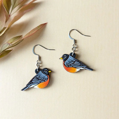 American Robin Mini Hoops Silver Ear Wires Dangle And Drop Earrings