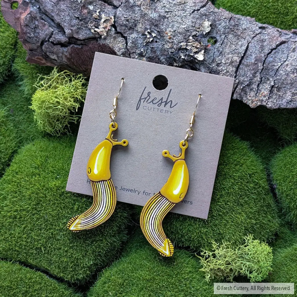 Banana Slug Earrings Gold Ear Wires without Leaf Dangle and Drop Earrings